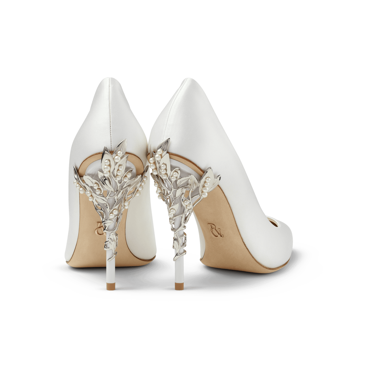 White Satin Eden Heels with Pearl and Silver Leaves